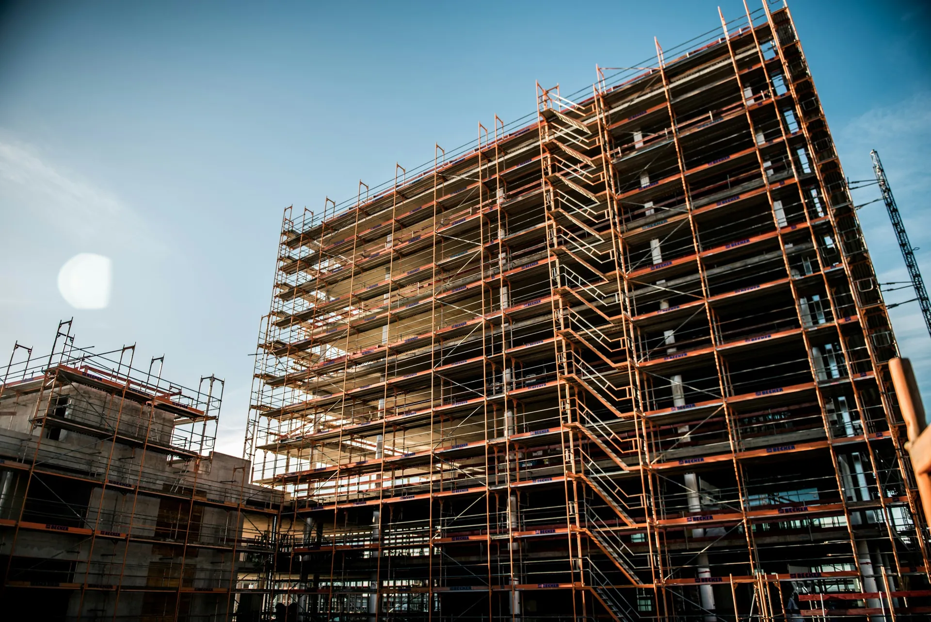 Building wrapped in scaffolding